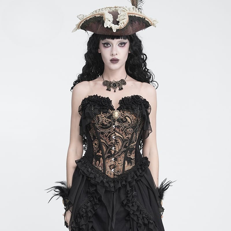 DEVIL FASHION Women's Gothic Jacquard Rose Overbust Corset with Asymmetrical Flowy Chiffon Hems