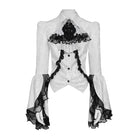 DEVIL FASHION Women's Gothic Jacquard Swallow Tail Flare Sleeve Blouse with Necktie White