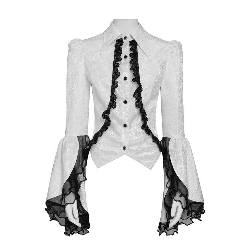 DEVIL FASHION Women's Gothic Jacquard Swallow Tail Flare Sleeve Blouse with Necktie White