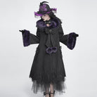 DEVIL FASHION Women's Gothic Lace Embroidery Trim Faux Fur Collar Long Coat with Detachable Bowknot