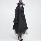 DEVIL FASHION Women's Gothic Lace Embroidery Trim Faux Fur Collar Long Coat with Detachable Bowknot