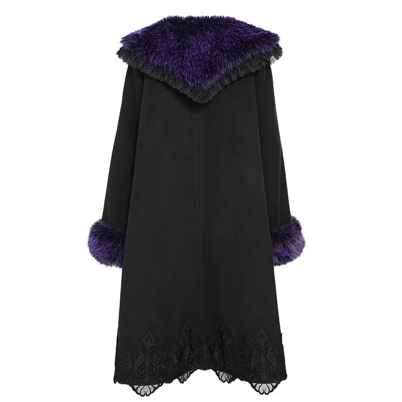 DEVIL FASHION Women's Gothic Lace Embroidery Trim Faux Fur Collar Long Coat with Detachable Bowknot