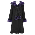 DEVIL FASHION Women's Gothic Lace Embroidery Trim Faux Fur Collar Long Coat with Detachable Bowknot
