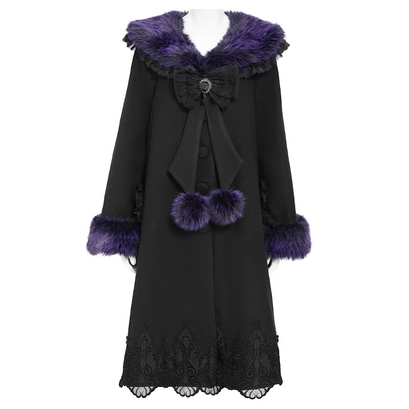 DEVIL FASHION Women's Gothic Lace Embroidery Trim Faux Fur Collar Long Coat with Detachable Bowknot