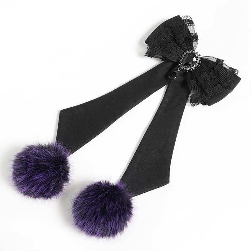 DEVIL FASHION Women's Gothic Lace Embroidery Trim Faux Fur Collar Long Coat with Detachable Bowknot