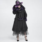 DEVIL FASHION Women's Gothic Lace Embroidery Trim Faux Fur Collar Long Coat with Detachable Bowknot