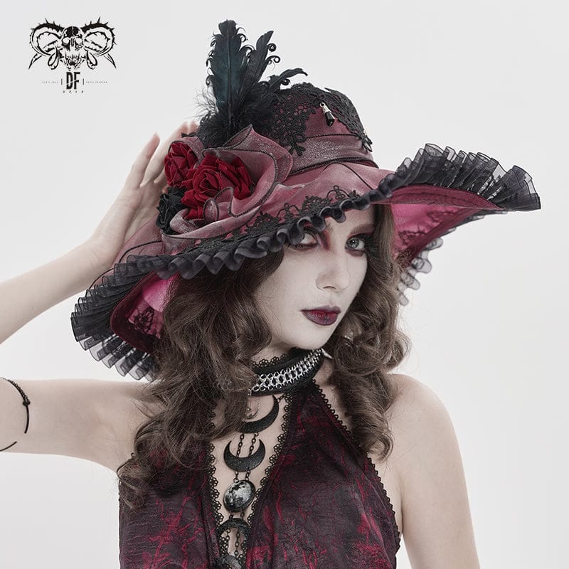 DEVIL FASHION Women's Gothic Lace Feather Rose Hat