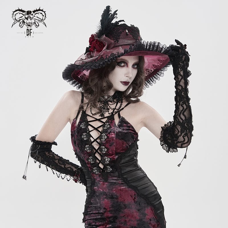 DEVIL FASHION Women's Gothic Lace Feather Rose Hat