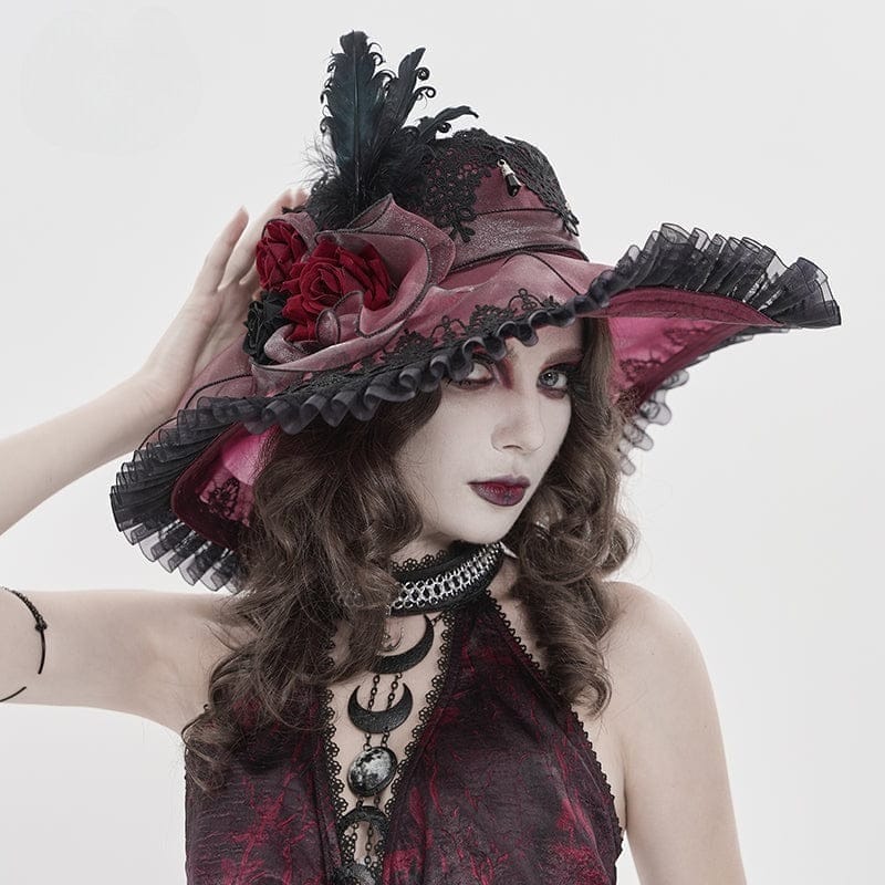 DEVIL FASHION Women's Gothic Lace Feather Rose Hat