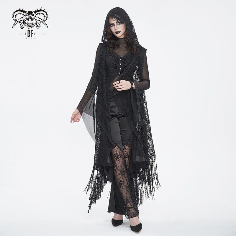 DEVIL FASHION Women's Gothic Lace Mesh Back Floral Crocheted Cape with Hood