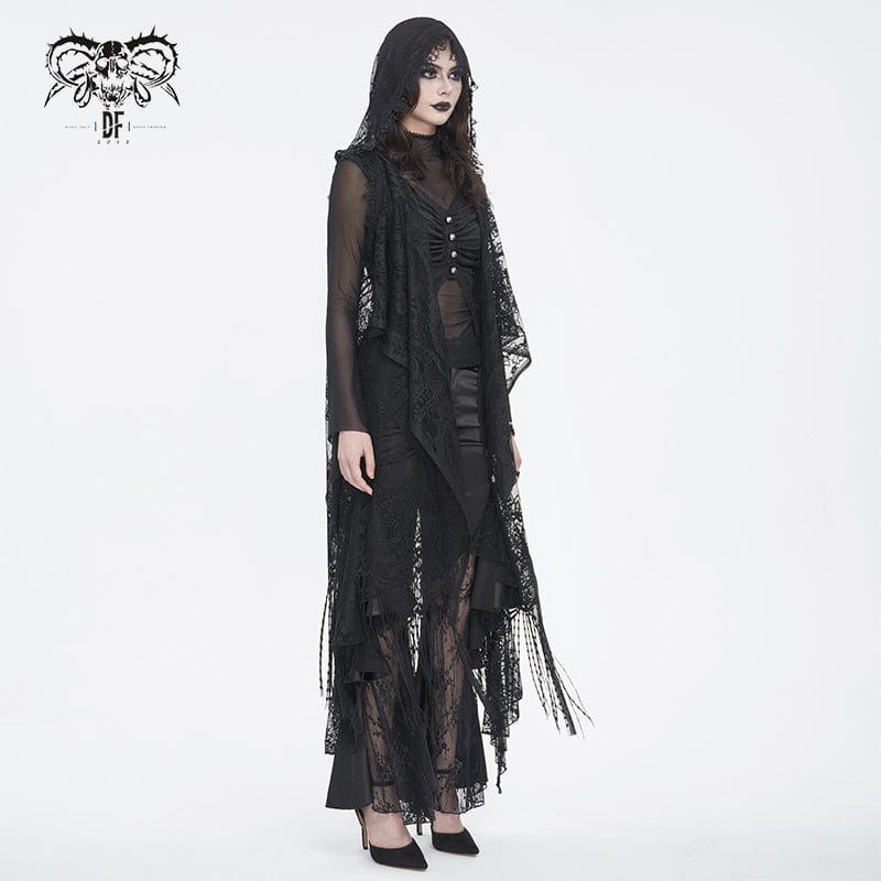 DEVIL FASHION Women's Gothic Lace Mesh Back Floral Crocheted Cape with Hood