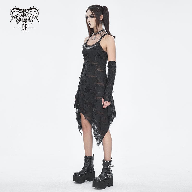 Ripped Goth Rights Women's Gothic Lace Ripped Hem Dress with Arm Sleeves – Punk Design