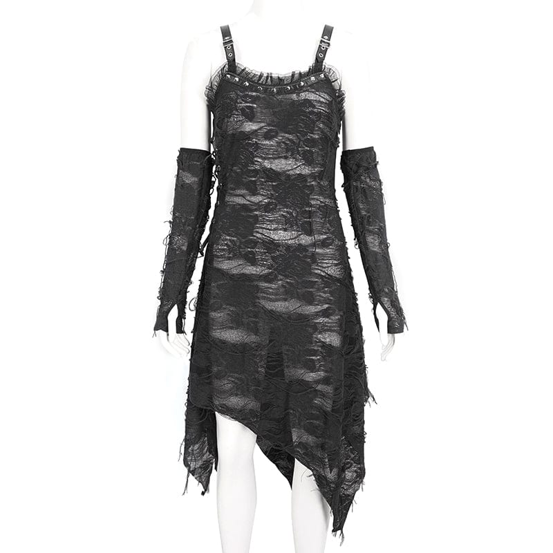 DEVIL FASHION Women's Gothic Lace Ripped Hem Dress with Arm Sleeves