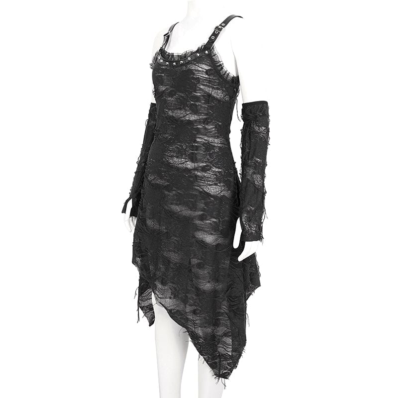 DEVIL FASHION Women's Gothic Lace Ripped Hem Dress with Arm Sleeves