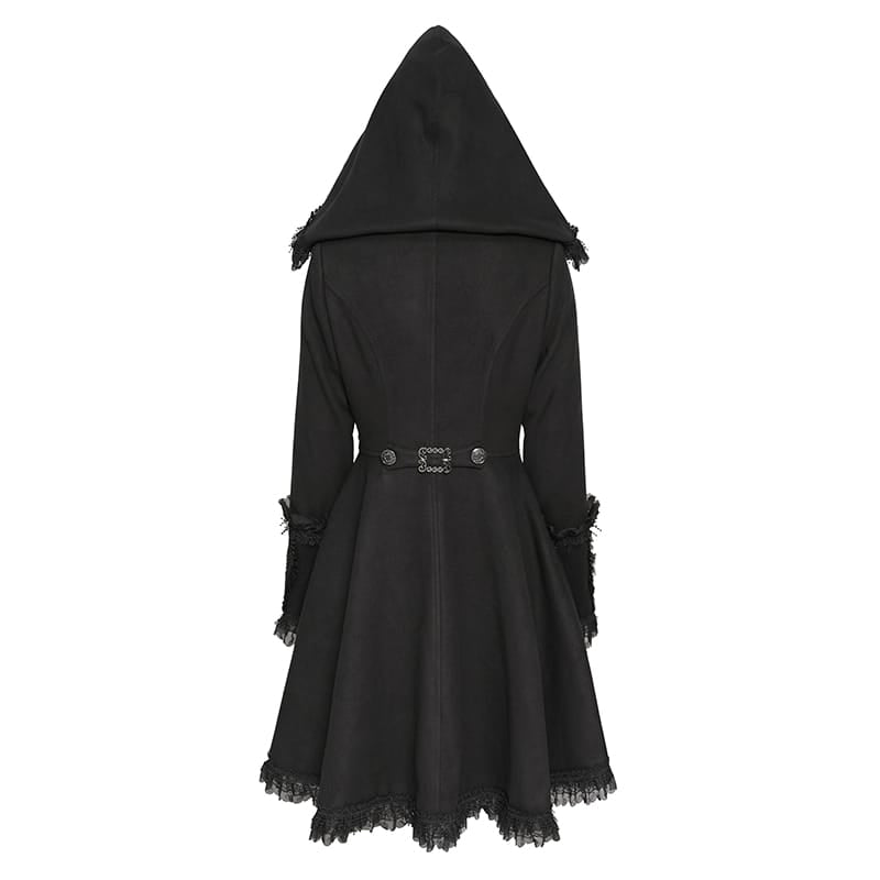 DEVIL FASHION Women's Gothic Lace Ruffle Trim Flared Hem Hooded Coat