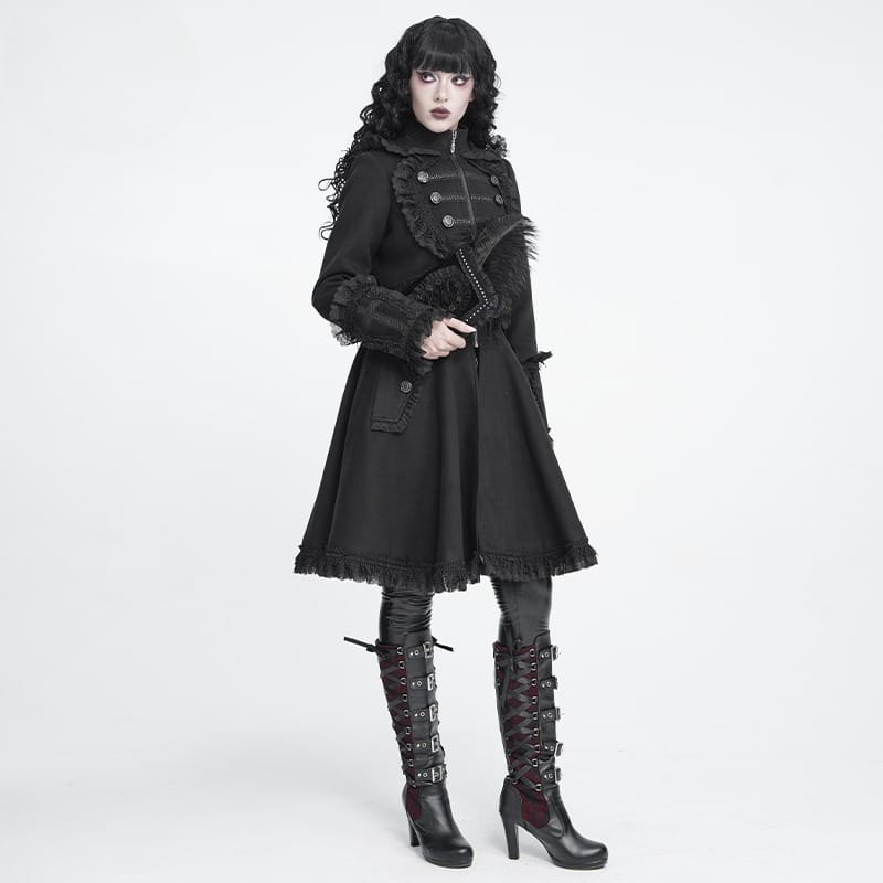 DEVIL FASHION Women's Gothic Lace Ruffle Trim Flared Hem Hooded Coat