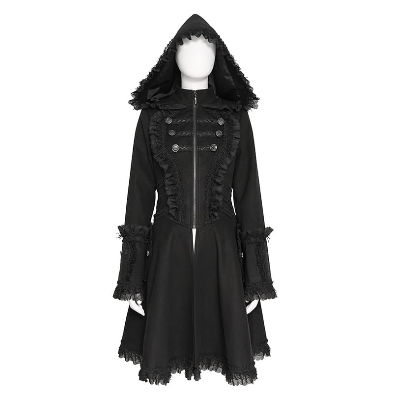 DEVIL FASHION Women's Gothic Lace Ruffle Trim Flared Hem Hooded Coat