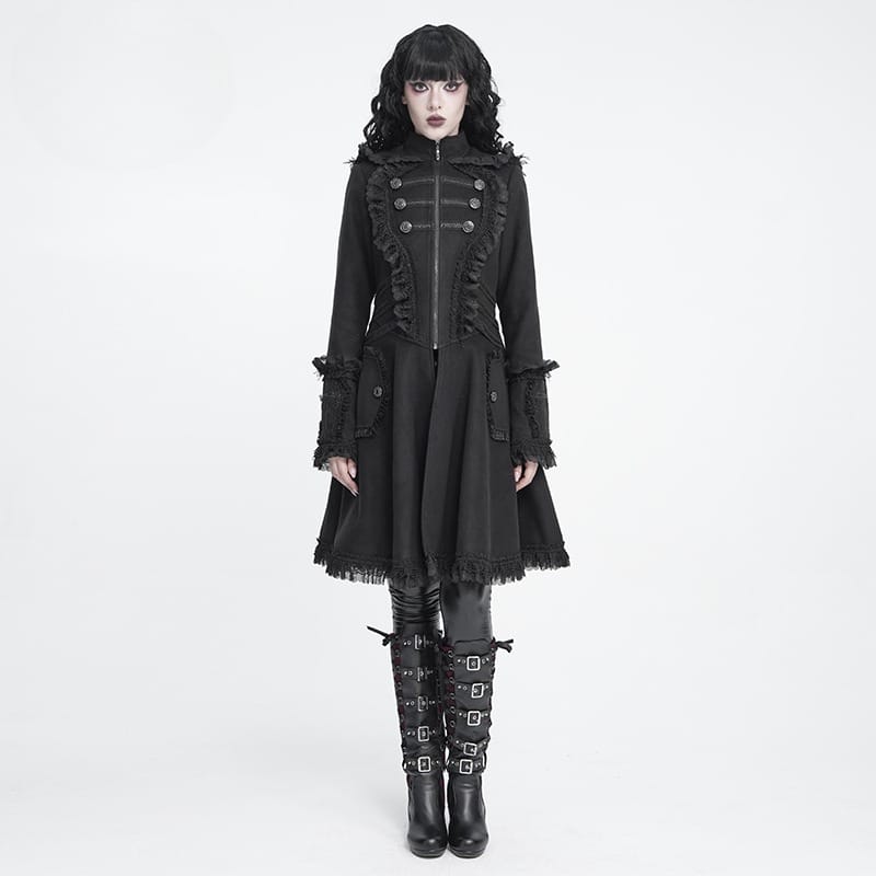 DEVIL FASHION Women's Gothic Lace Ruffle Trim Flared Hem Hooded Coat