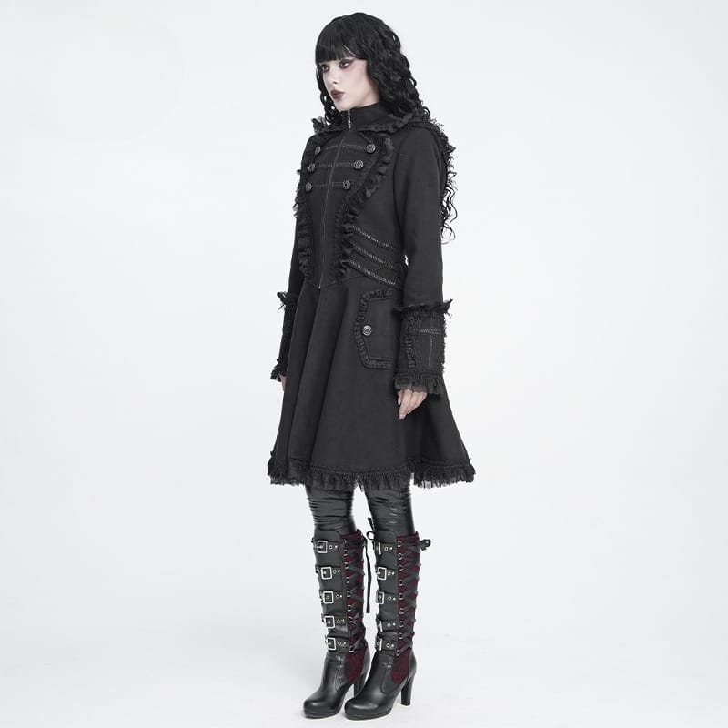 DEVIL FASHION Women's Gothic Lace Ruffle Trim Flared Hem Hooded Coat