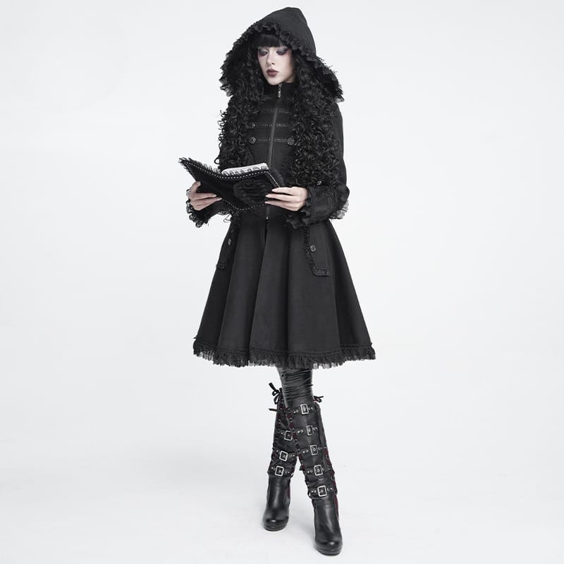 DEVIL FASHION Women's Gothic Lace Ruffle Trim Flared Hem Hooded Coat