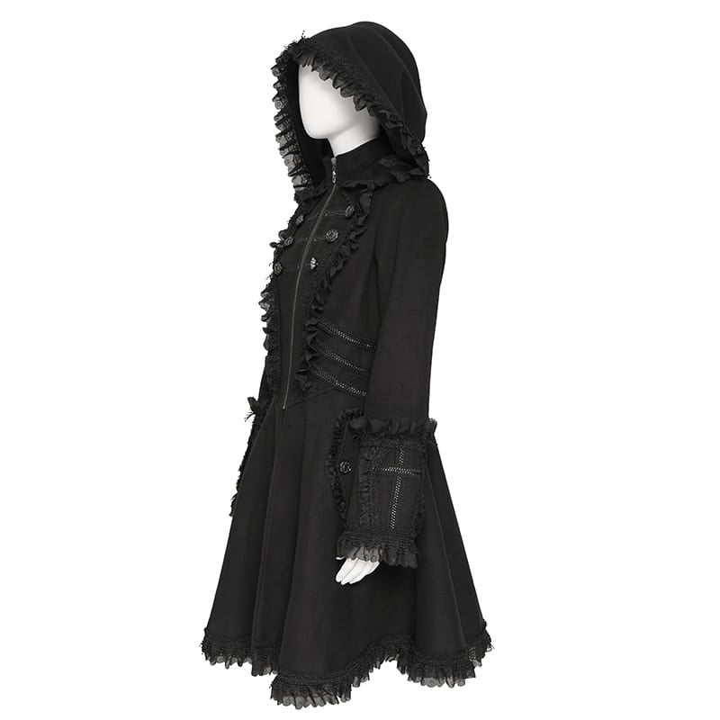 DEVIL FASHION Women's Gothic Lace Ruffle Trim Flared Hem Hooded Coat