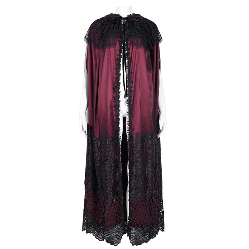 DEVIL FASHION Women's Gothic Lace Tassels Mesh Cloak with Hood Red