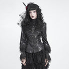 DEVIL FASHION Women's Gothic Lace Trim Lace-up Puff Shoulder Flare Sleeve Shirt