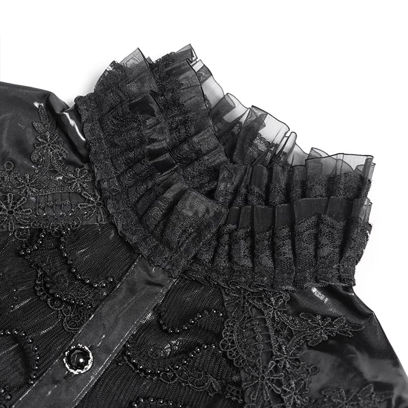 DEVIL FASHION Women's Gothic Lace Trim Lace-up Puff Shoulder Flare Sleeve Shirt