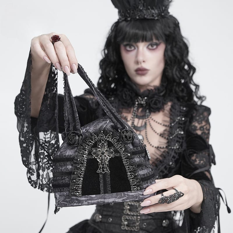 DEVIL FASHION Women's Gothic Lace-Trimmed Rose Cross Bag Grey-Black