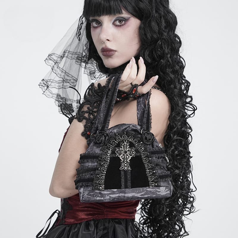 Women's Gothic Lace-Trimmed Rose Cross Bag Grey-Black – Punk Design