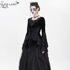 DEVIL FASHION Women's Gothic Lace-up Beaded Ruched Velvet Long Sleeved Shirt