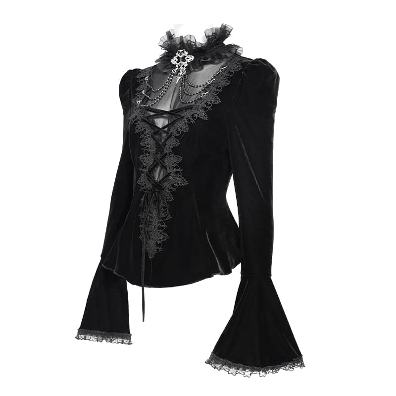 DEVIL FASHION Women's Gothic Lace-up Chained Flare Sleeve Velvet Top Black