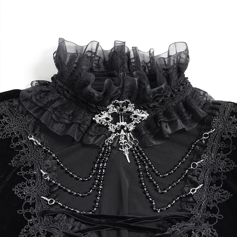 DEVIL FASHION Women's Gothic Lace-up Chained Flare Sleeve Velvet Top Black