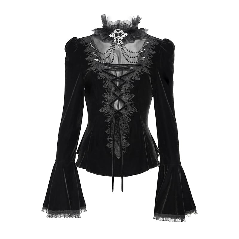 DEVIL FASHION Women's Gothic Lace-up Chained Flare Sleeve Velvet Top Black