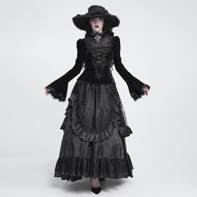 DEVIL FASHION Women's Gothic Lace-up Chained Flare Sleeve Velvet Top Black