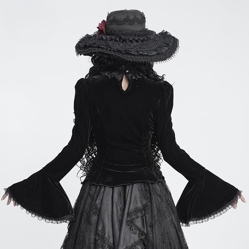 DEVIL FASHION Women's Gothic Lace-up Chained Flare Sleeve Velvet Top Black