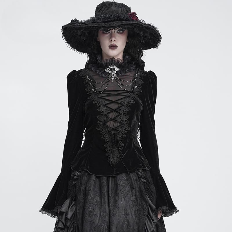DEVIL FASHION Women's Gothic Lace-up Chained Flare Sleeve Velvet Top Black
