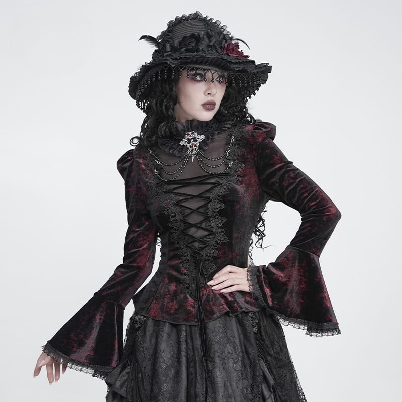DEVIL FASHION Women's Gothic Lace-up Chained Flare Sleeve Velvet Top Red