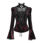 DEVIL FASHION Women's Gothic Lace-up Chained Flare Sleeve Velvet Top Red