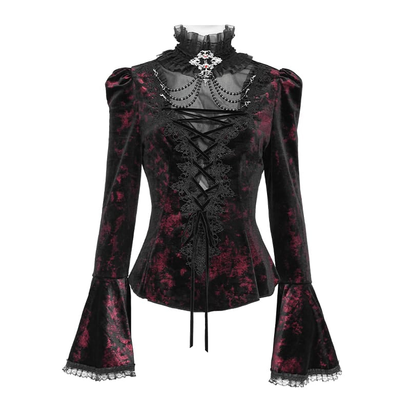 DEVIL FASHION Women's Gothic Lace-up Chained Flare Sleeve Velvet Top Red