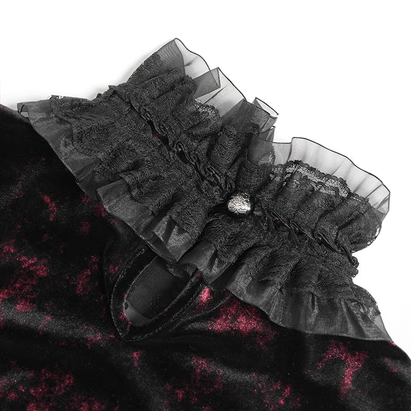 DEVIL FASHION Women's Gothic Lace-up Chained Flare Sleeve Velvet Top Red