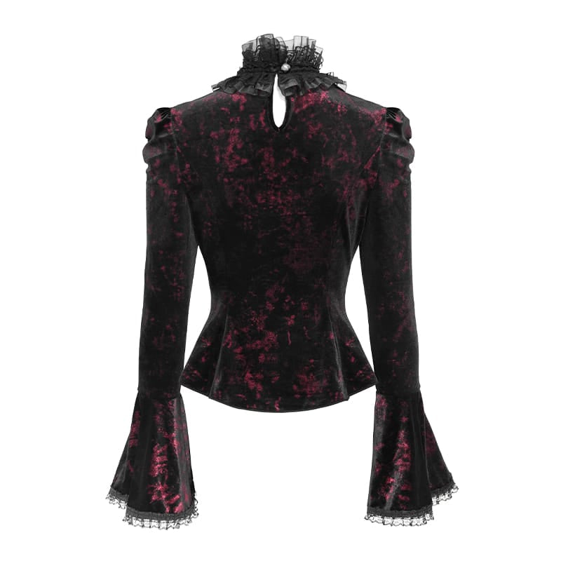 DEVIL FASHION Women's Gothic Lace-up Chained Flare Sleeve Velvet Top Red