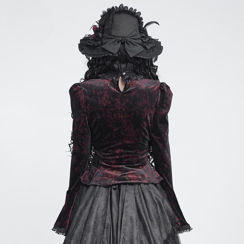 DEVIL FASHION Women's Gothic Lace-up Chained Flare Sleeve Velvet Top Red
