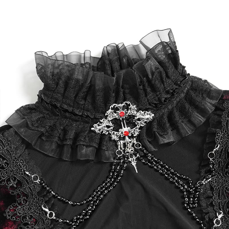 DEVIL FASHION Women's Gothic Lace-up Chained Flare Sleeve Velvet Top Red
