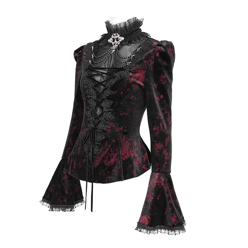 DEVIL FASHION Women's Gothic Lace-up Chained Flare Sleeve Velvet Top Red