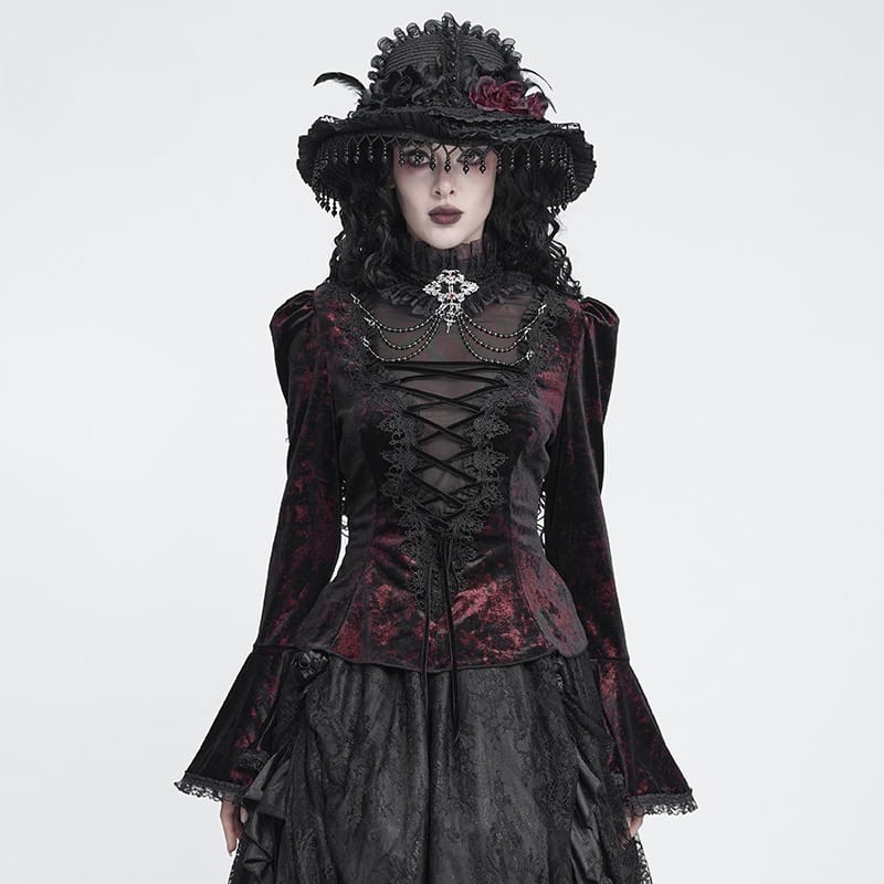 DEVIL FASHION Women's Gothic Lace-up Chained Flare Sleeve Velvet Top Red