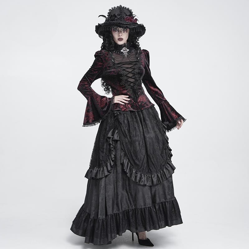 DEVIL FASHION Women's Gothic Lace-up Chained Flare Sleeve Velvet Top Red