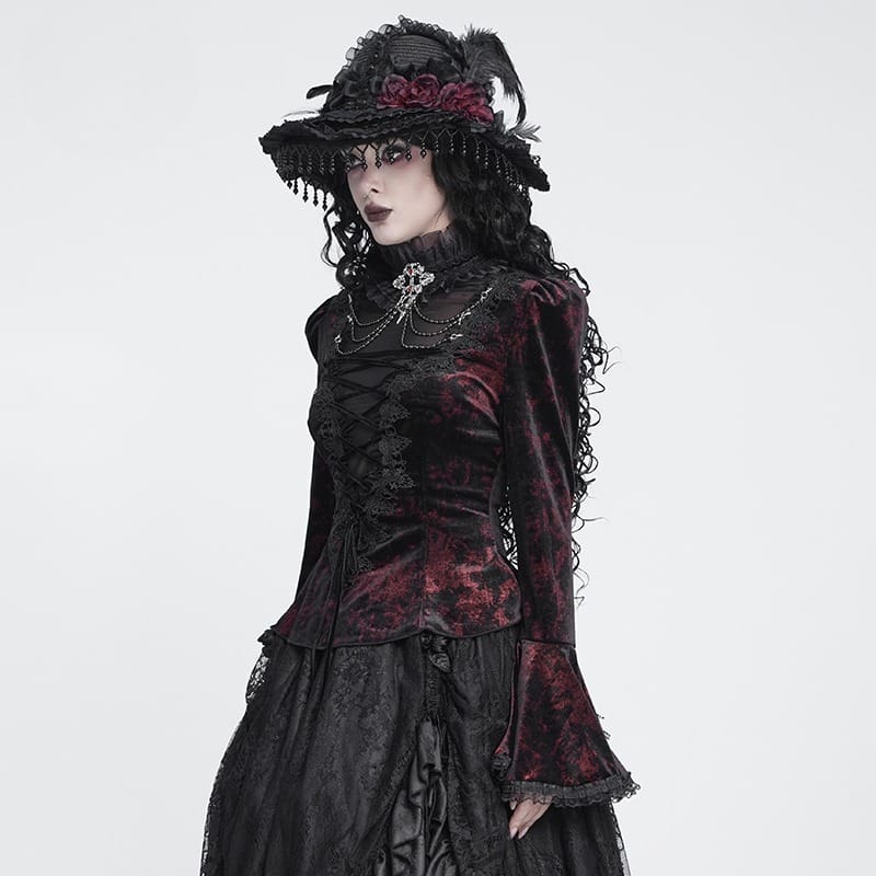 DEVIL FASHION Women's Gothic Lace-up Chained Flare Sleeve Velvet Top Red