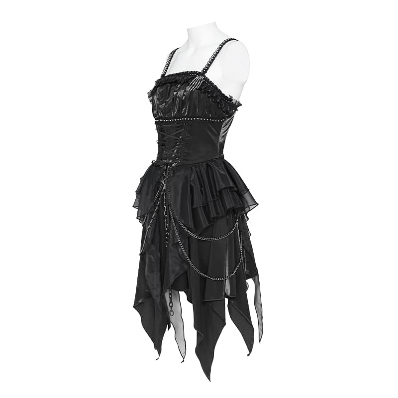 DEVIL FASHION Women's Gothic Lace-up Chained Ruched Irregular Hem Slip Dress Black