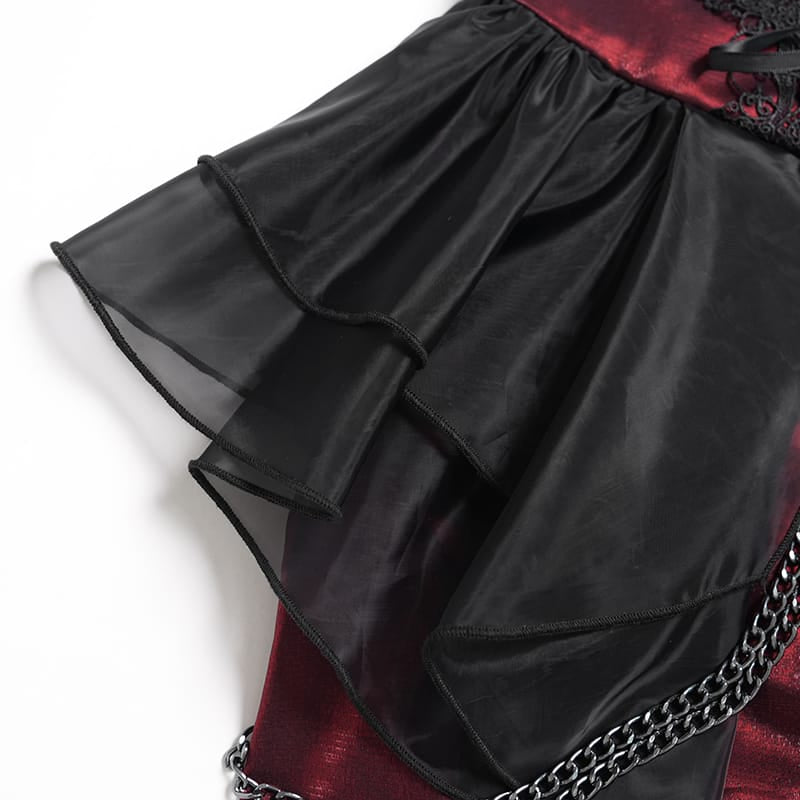 DEVIL FASHION Women's Gothic Lace-up Chained Ruched Irregular Hem Slip Dress Black-Red